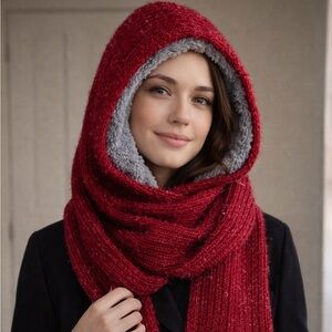 Elegant Red Knit Hooded Scarf